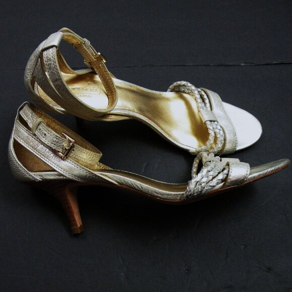 COACH-IEESHA Gold Leather Strappy Kitten Heel Sandals Open Toe 10 - Picture 2 of 7